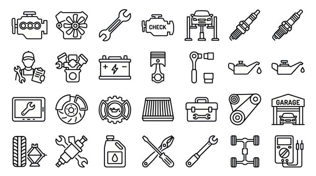 Automotive parts and mechanical tool line icons.