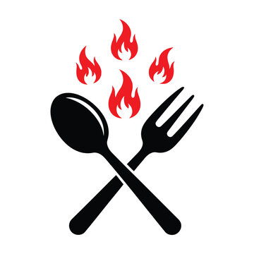 Spoon and fork with flames on white background