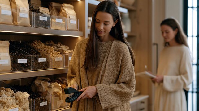 professional organizer using label maker beside fully stocked pantry shelving unit, clear bins holding dried goods organized by category, client watching and taking notes nearby,