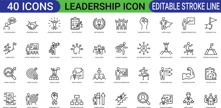 Leadership business management line art icons set, winner trophy, target, crown, superhero, podium victory, direction strategy, web icon, app icon, outline icon, editable stroke, vector EPS