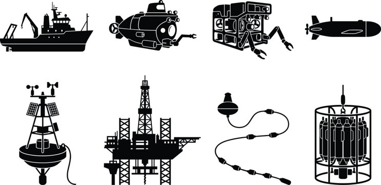 Marine Industry and Offshore Equipment Silhouette Icon Set with Submarine and Oil Platform