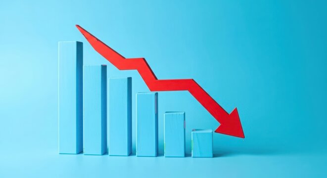 Red arrow graph shows sharp decline on blue background