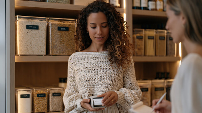 professional organizer using label maker beside fully stocked pantry shelving unit, clear bins holding dried goods organized by category, client watching and taking notes nearby,