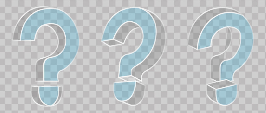 Set of 3D Glass question mark icon isolated on transparent background, concept of help support faq problem solving and inquiry. Transparent Liquid Glass icon. 3D rendering.