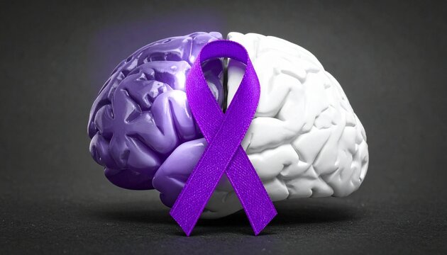 Brain with purple ribbon symbolizing neurological awareness
