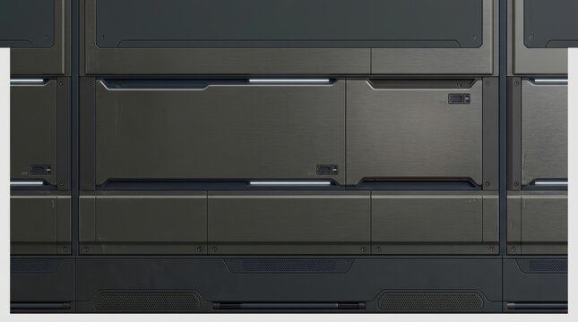 Modular sci-fi metal wall panels with matte finish, futuristic dark titanium corridor cladding for spaceship interior background or high-tech server room design.