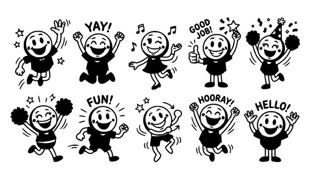 Funny Happy Smiley Faces in Playful Cartoon Poses Vector Collection