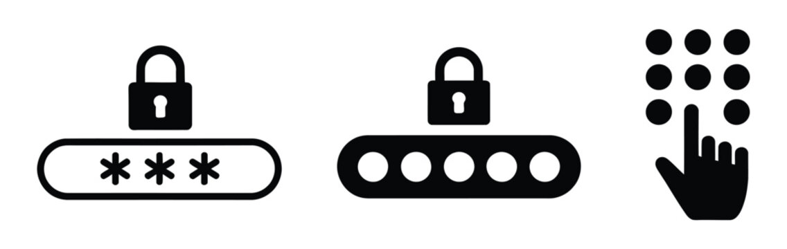Pin code icon set, keypad password symbols, authentication locks, secure access controls, digital security interface, identity protection, encryption technology, and user verification 