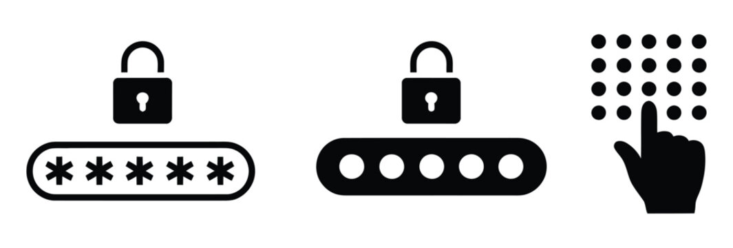 Pin code icon set, keypad symbols, password authentication locks, secure login elements, digital security interface, access control, privacy protection, and cybersecurity concepts. Vector 