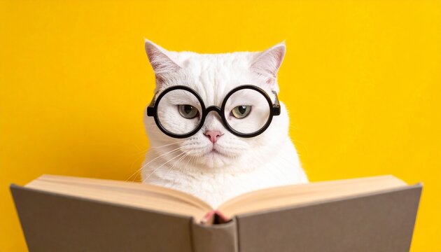 Cat with glasses reading book on bright yellow background