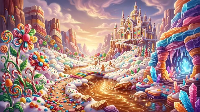 Candy land castle whimsical sweetscape with gingerbread men and chocolate river