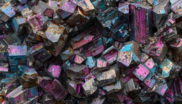 Extreme macro texture of geometric bismuth crystals with vibrant iridescent rainbow colors.