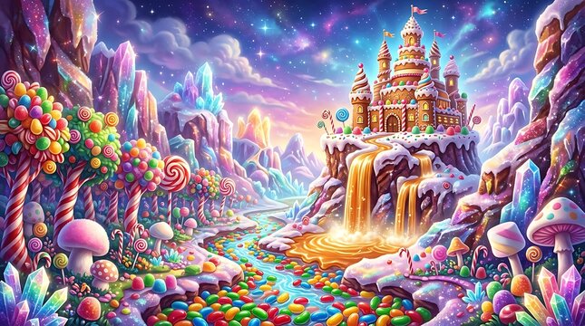 Whimsical candy land castle in a vibrant crystal cave with colorful jelly beans and lollipops