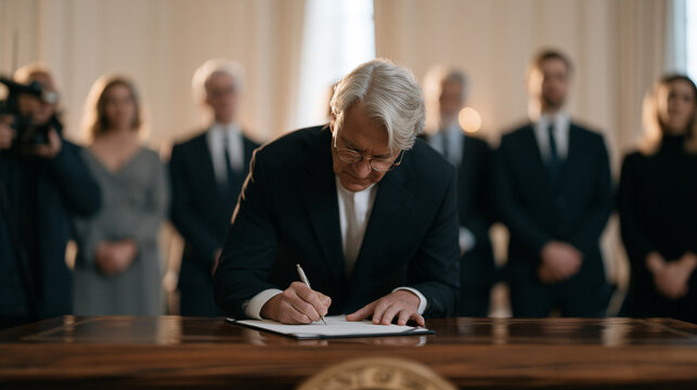 Policy director leaning over mahogany table signing landmark reform document while department heads and legal team stand in formal semicircle, official government photographer