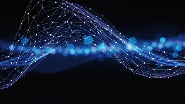 Glowing blue network connections wave across a dark background with lines and dots.