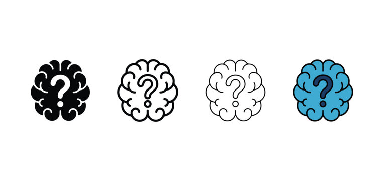 Four brain icons with question marks in different colors and styles for confusion and thinking concepts  business and education symbols