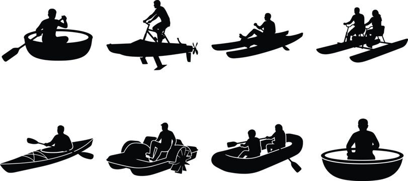 Water activity silhouettes with kayak, pedal boat, raft, and rowing icons representing outdoor recreation, sports, and leisure design