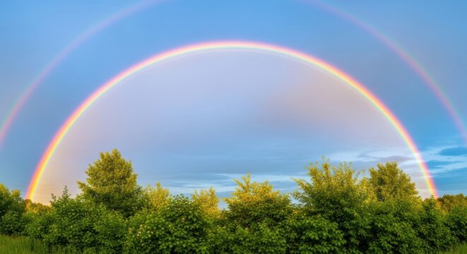 Double rainbow over green trees and blue sky
