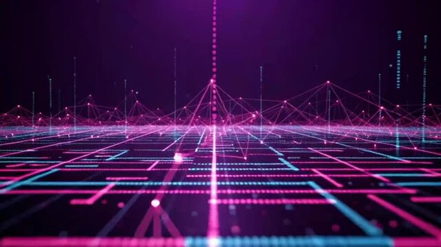 Vibrant neon lines intersect in a futuristic grid network scene.