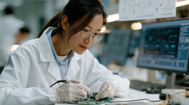 Deep space communication relay engineer solders quantum signal amplifier components onto circuit board in electronics lab, interplanetary network latency diagrams tacked above