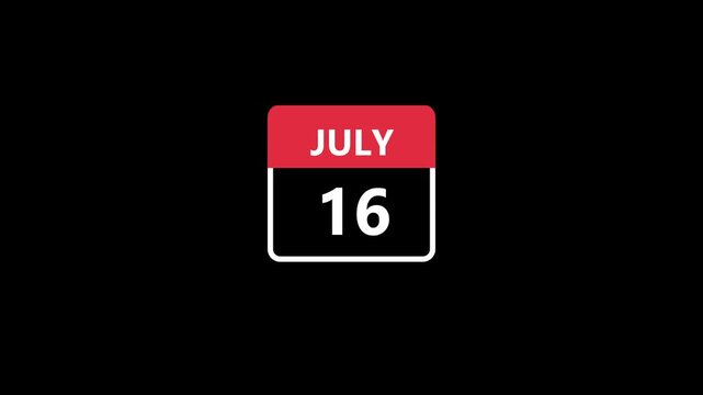 Animated July calendar icon page turning motion daily date countdown concept for scheduling and planning, isolated on black background