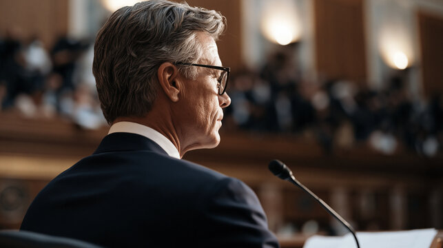 Congressional hearing chamber focused on witness at microphone testifying before elevated committee panel, senators taking handwritten notes while press corps floods the gallery