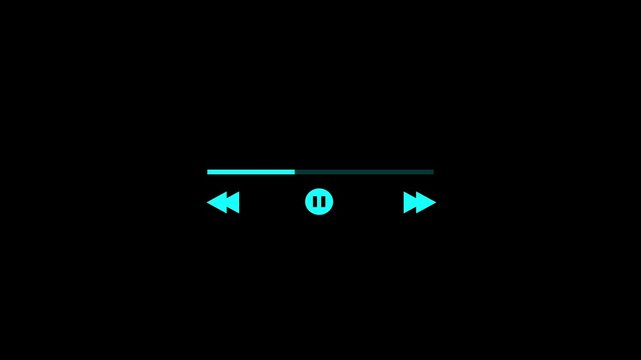 Mouse cursor clicking play button to pause in circle icon animation, minimalist white media player user interface controller on black background 4k video 