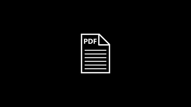 Minimalist pdf document  icon animation on black background.