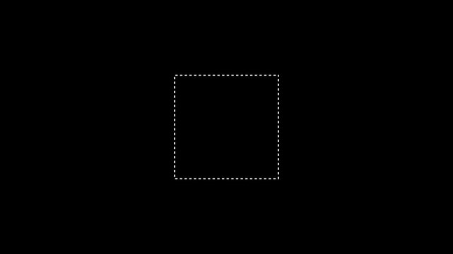 Minimalist white dotted square outline icon animation on black background,.