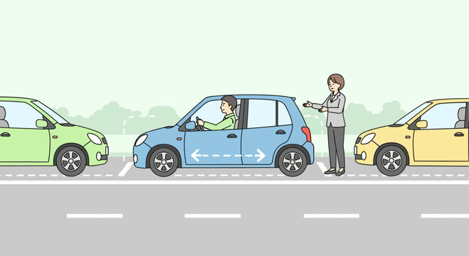 Illustration Showing Parallel Parking Steps with Driver and Instructor
