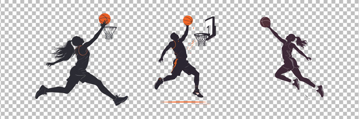 Silhouette of basketball players in action, Jumping and shooting hoops on transparent background © Yeasmin