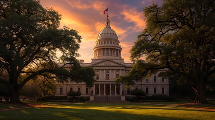Obraz premium Government capitol building with a majestic dome structure surrounded by large trees at sunset