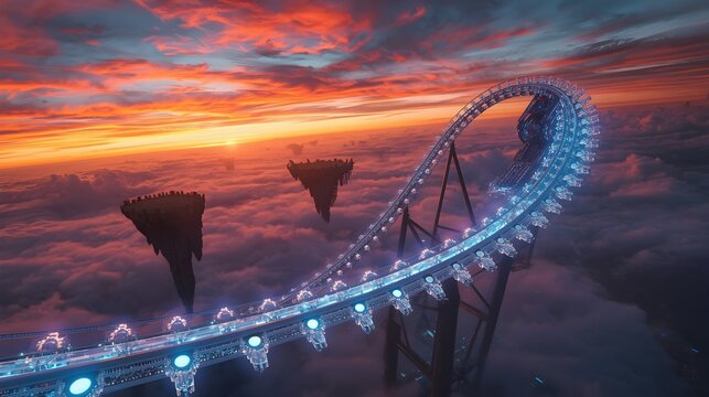 Futuristic glowing rollercoaster loop high above the clouds with floating islands at sunset
