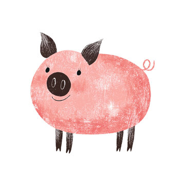 Pink pig watercolor illustration cute cartoon character.