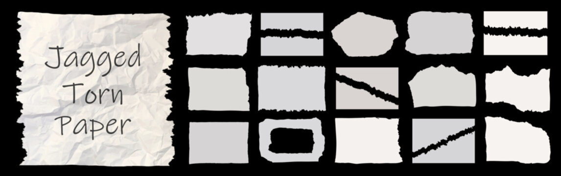 Jagged white paper torn pack isolated on black background. Rectangle, square and parts set of jagged edge shapes. Rectangle torn paper shape. Grunge border frames paper sheet fragments. Vector illustr