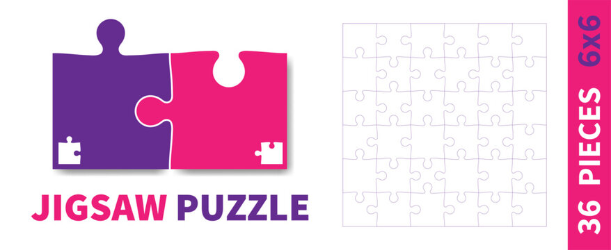 Detailed various shapes puzzle grid. Jigsaw puzzle blank template. 6x6 shapes, 36 pieces. Separate matching puzzle elements. Vector illustration