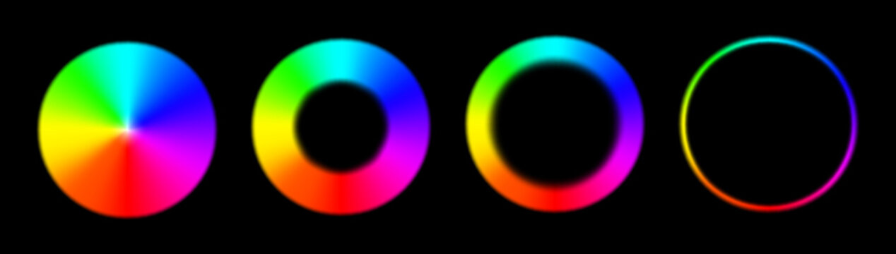 Rainbow circle radial gradient frames pack isolated on black background. Vibrant spectrum color ring wheel with full hues range. Round RGB palette. Vector illustration