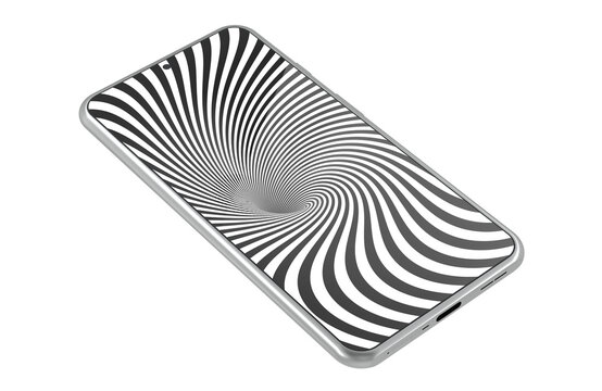 Smartphone with hypnotic spiral screen, representing doomscrolling, phone addiction, digital distraction and wasted time online, 3d rendering