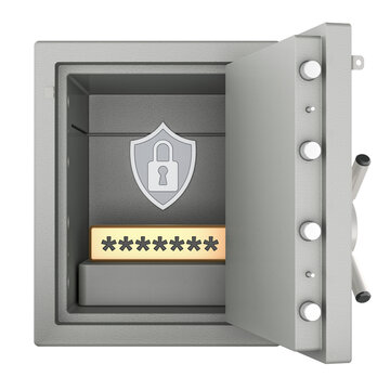 Open safe with hidden password, password security and data vault concept. 3D rendering