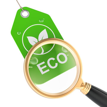 Eco label under magnifying glass, representing sustainability verification, 3d rendering