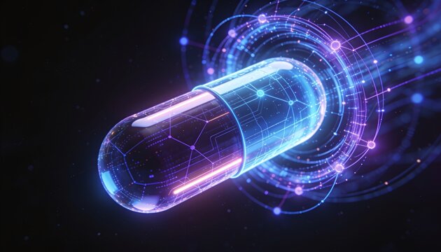 Digital health pill represents advanced smart medicine, futuristic biotechnology, and genetic engineering for innovative healthcare solutions and drug delivery systems on a dark background
