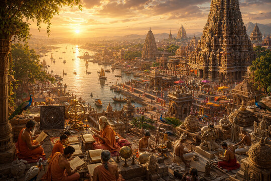 Ancient Indian Scholars Studying Astronomy and Mathematics in a Sacred Temple City