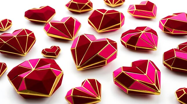Pink and red geometric 3d hearts with gold edges on white background