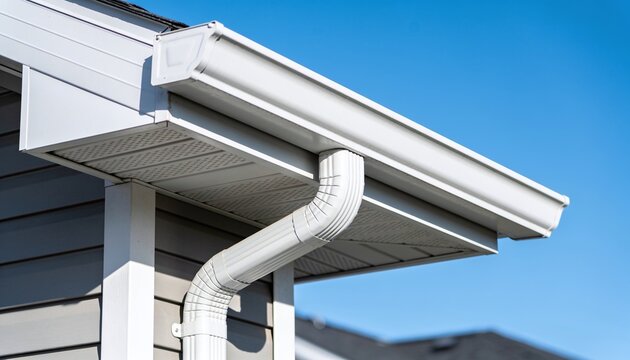 Clean residential rain gutter and downspout system on a modern gray house under a clear, bright blue sky, illustrating home exterior maintenance and construction details