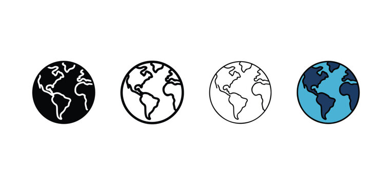  earth globe icons in various line art styles and colors isolated on white background