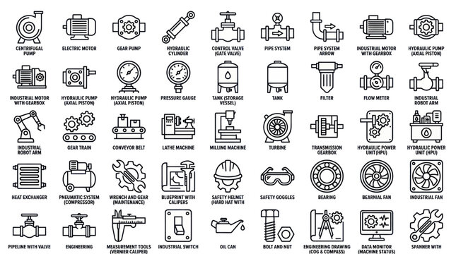 Comprehensive industrial equipment and plumbing icon set