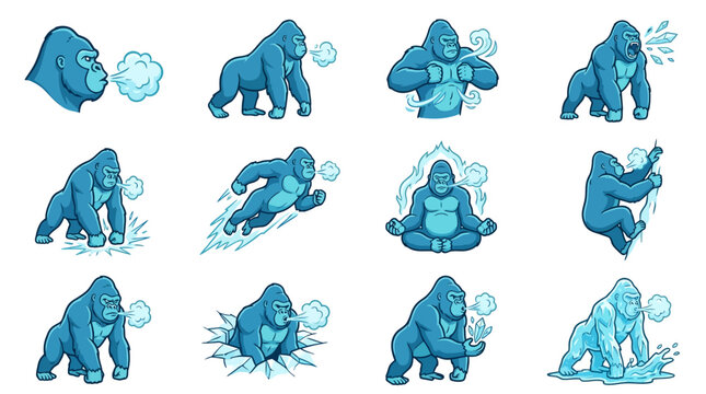 Blue ice gorilla action and winter sport icons.