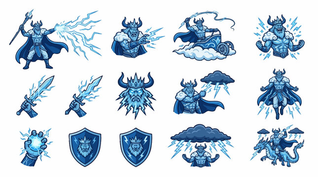 Blue lightning god icons and thunder shield designs.