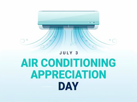 Air conditioning appreciation day july 3 banner with wall mounted ac unit blowing cool air isolated on white background