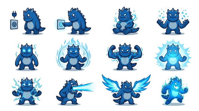 Blue mini dragon and lizard monster character poses.